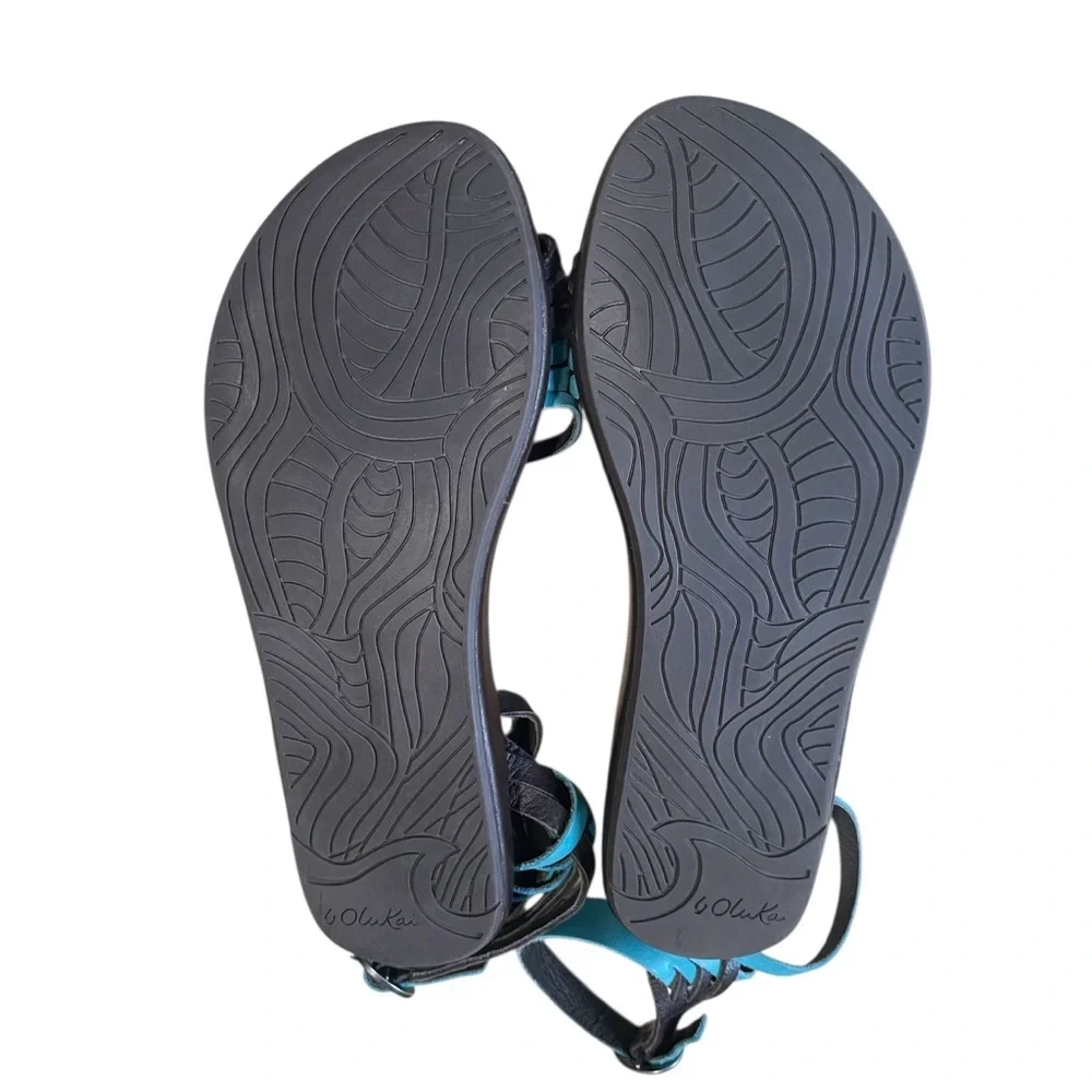 Olukai Leather Beach Sandal Wet Grip Sole Brown & Turquoise Blue Size 6